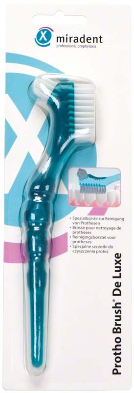 Protho Brush® De Luxe blau transparent auf Verpackung mit zwei Bürstenköpfen.