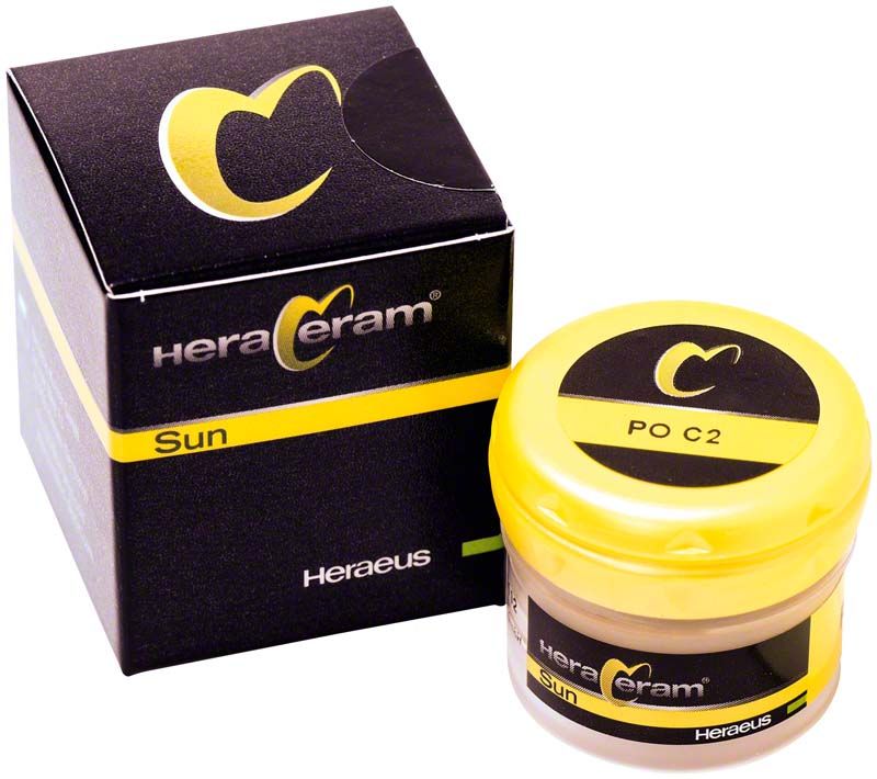 HeraCeram® Sun Pastenopaker PO C2 mit Verpackung und gelbem Deckel.