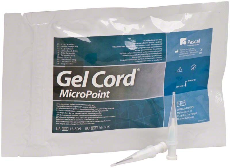 Gel Cord® MicroPoint Verpackung mit zwei weißen Applikatorspitzen.