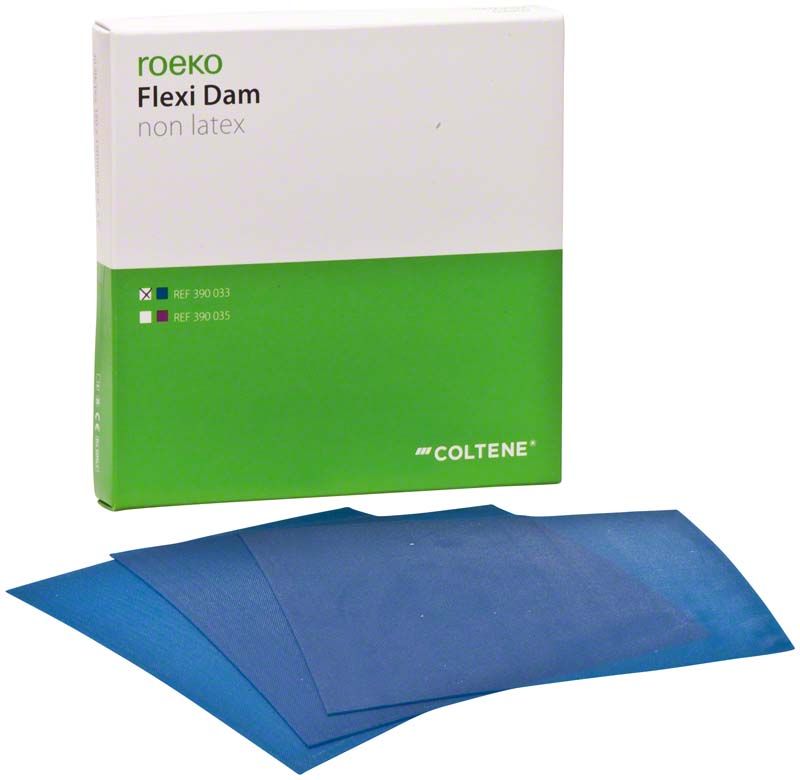 ROEKO Flexidam non latex, blaue Membranen mit Verpackung im Hintergrund.