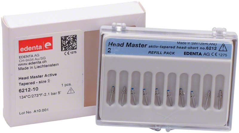 Head Master Active konisch Refill Gr.1 in Verpackung mit zehn Wurzelstiften.