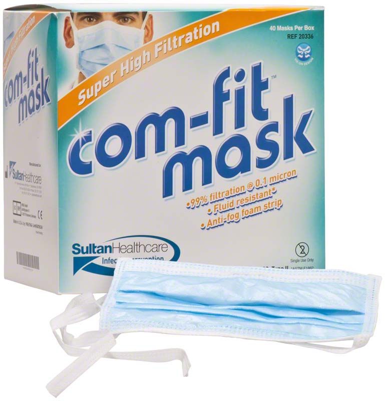 Com-Fit™ Superfilter-Maske zum Binden mit Verpackung und Maske im Vordergrund.