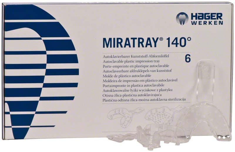 Autoklavierbarer transparenter Abformlöffel Miratray® 140° mit Verpackung.