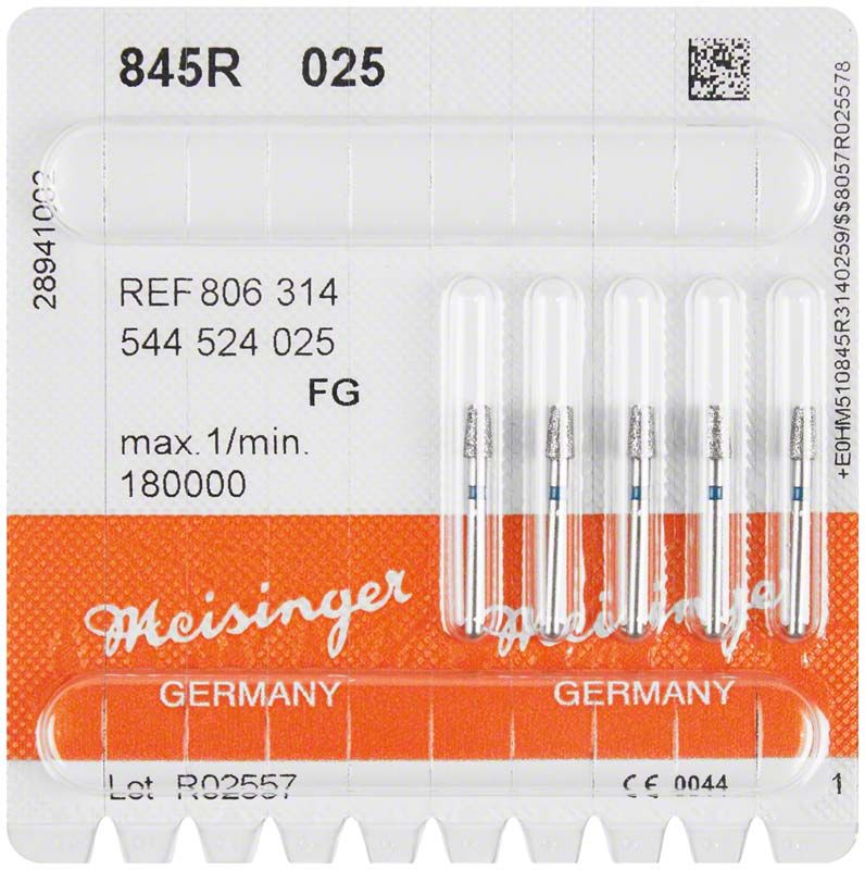 Blauer Diamantbohrer FG 845R 025 in Kunststoffverpackung mit Produktinformationen.