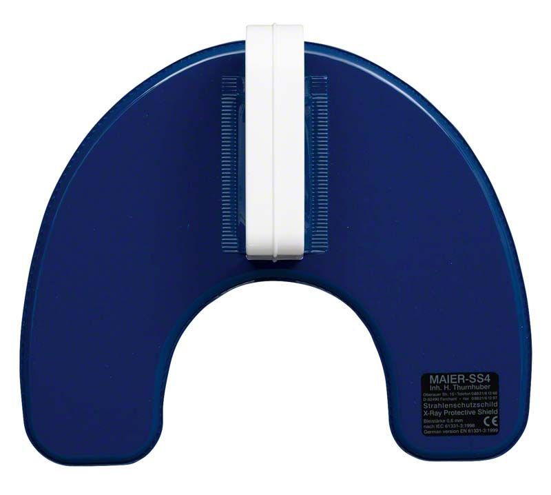 Blauer Strahlenschutzschild mit weißem Handgriff für den Dentalbereich.