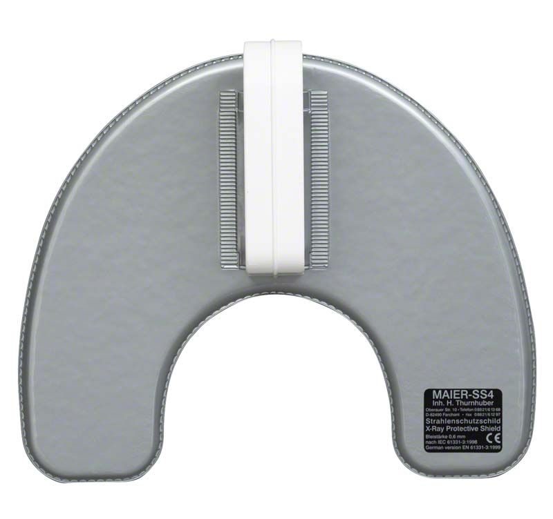 Strahlenschutzschild silber mit integriertem Handgriff für den Dentalbereich.