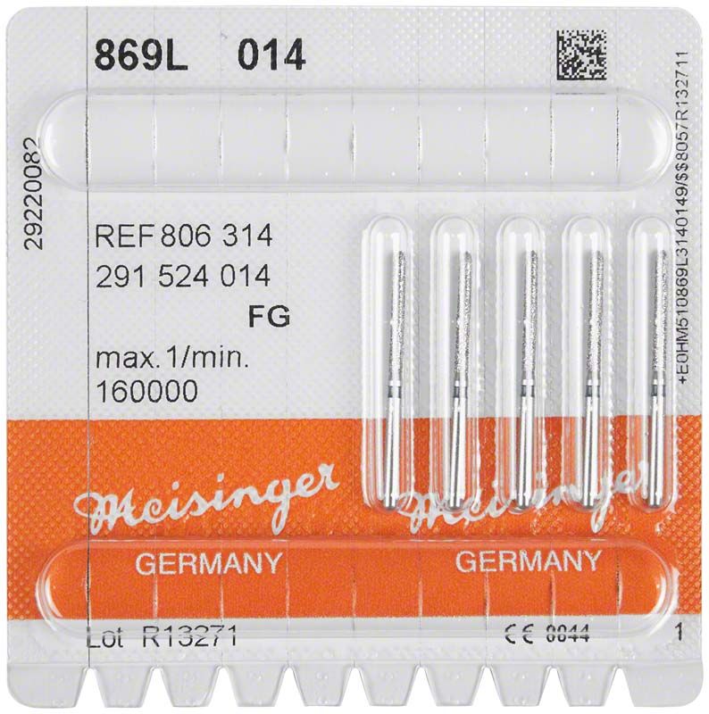Diamantschleifer 869L 014 für präzise Kronenpräparation in Blisterverpackung.