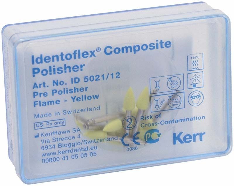 Identoflex Komposit Polierer Vorpolitur in gelber Flammenform in Verpackung.