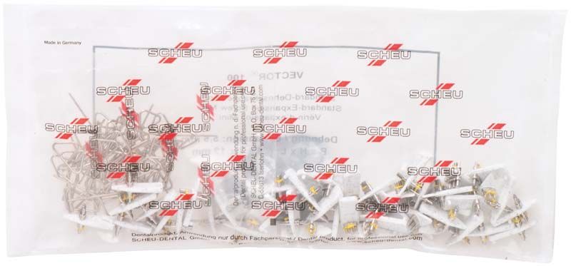 Verpackung mit 50 VECTOR® Standard-Dehnschrauben Typ 100 Mini, sichtbar durch transparenten Beutel.