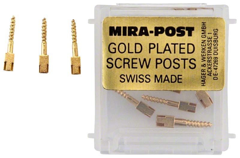 Mirapost® vergoldete Wurzelstifte M1 in Kunststoffbox, 12 Stück.