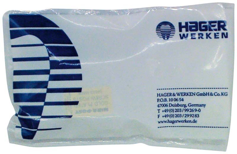 Hager & Werken Verpackung mit Firmenlogo und Kontaktinformationen.