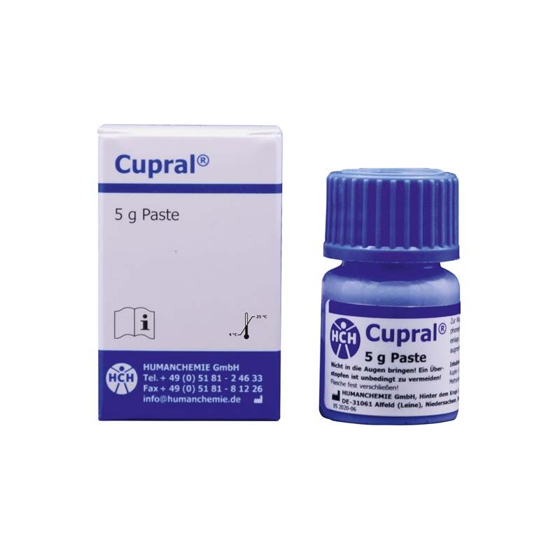 Cupral 5g Paste in blauem Behälter mit Verpackung.