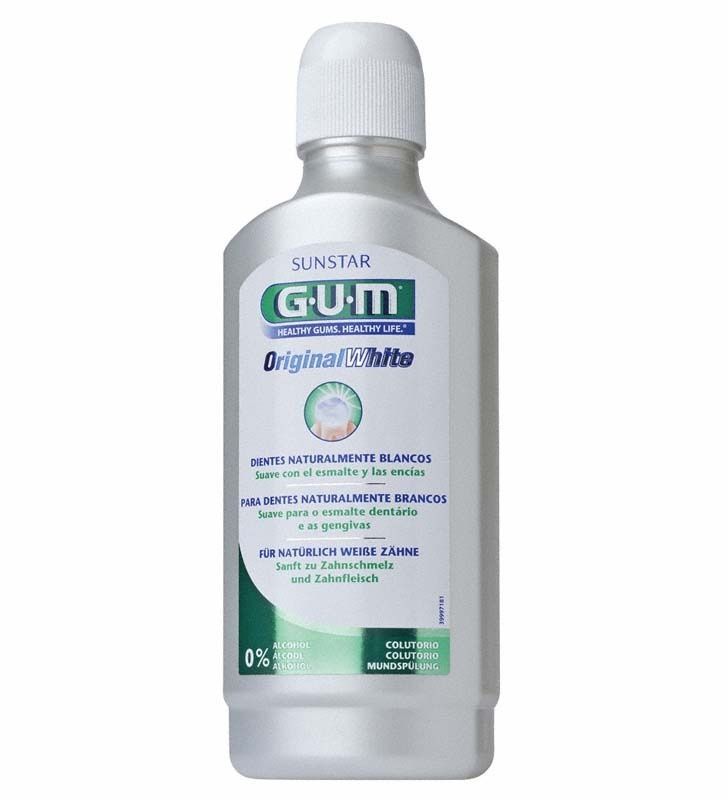 GUM® Original White Mundspülung in weißer Flasche mit grünem Etikett.