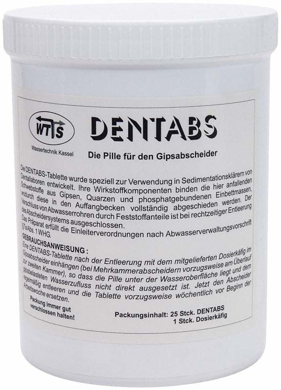 Plastikbehälter mit Dentabs Tabletten für Gipsabscheider, 25 x 20g.