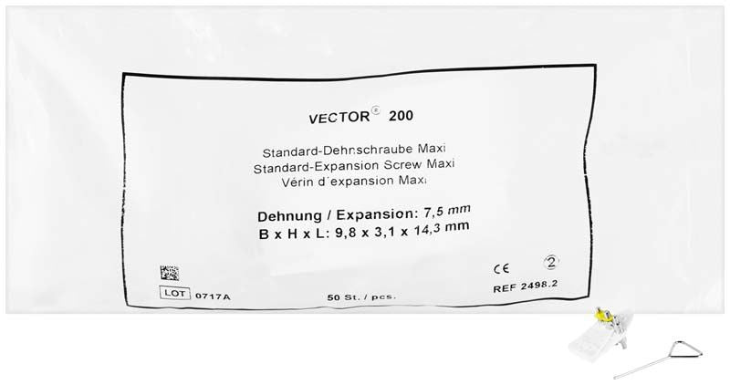 Verpackung der VECTOR® Standard-Dehnschraube Typ 200 Maxi mit Produktspezifikationen.
