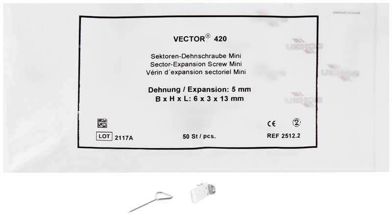 Verpackung der VECTOR® Sektoren-Dehnschraube Typ 420 - Mini mit Einzelteilansicht.
