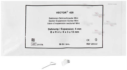 Verpackung der VECTOR® Sektoren-Dehnschraube Typ 420 - Mini mit Einzelteilansicht.
