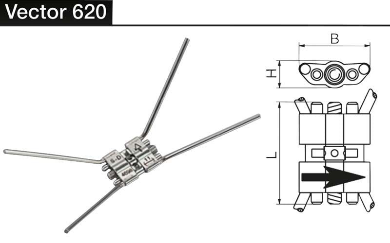 VECTOR® Gaumennaht-Schraube Typ 620 mit technischen Zeichnungen auf weißem Hintergrund.