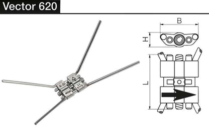 VECTOR® Gaumennaht-Schraube Typ 620 mit technischen Zeichnungen auf weißem Hintergrund.