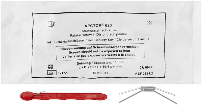 Verpackung der VECTOR® Gaumennaht-Schraube Typ 620 mit Sicherheitswerkzeug.