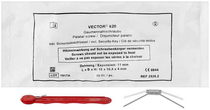 Verpackung der VECTOR® Gaumennaht-Schraube Typ 620 mit Sicherheitswerkzeug.