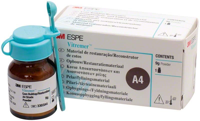 Vitremer Pulver A4 in brauner Flasche mit Verpackung im Hintergrund.