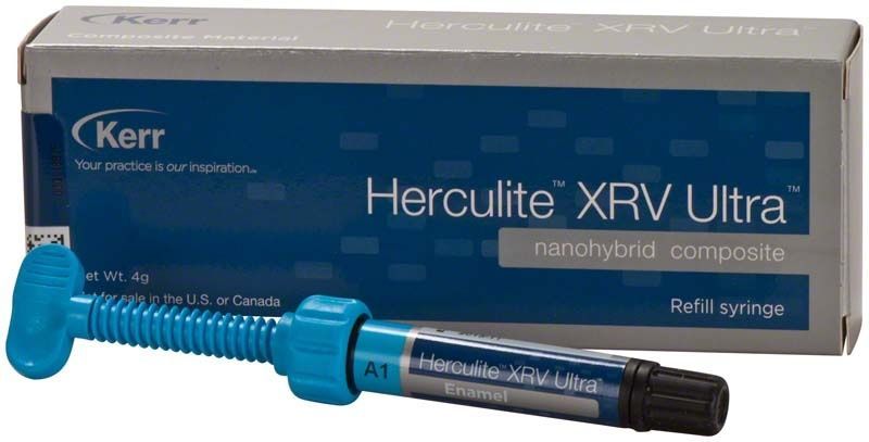 Herculite XRV Ultra Enamel Spritze A1 vor Produktverpackung.