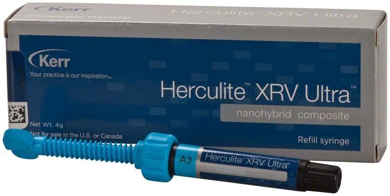 Herculite XRV Ultra Enamel Spritze A3 vor Produktverpackung.