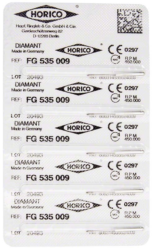Verpackung mit Diamant FG 535 009 Dentalbohrern, CE-zertifiziert.