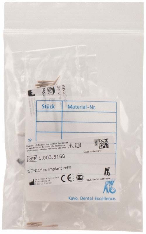 Transparente Verpackung mit SONICflex implant Kunststoffansätzen und Beschriftung.