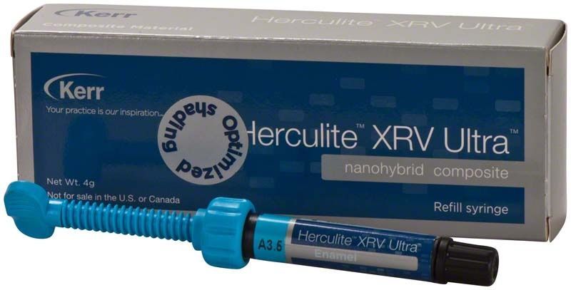 Herculite XRV Ultra Enamel Spritze A3,5 vor Produktverpackung.