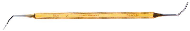 Abgewinkeltes PolyFill® Composite Instrument Spatel aus Metall mit geriffeltem Griff.