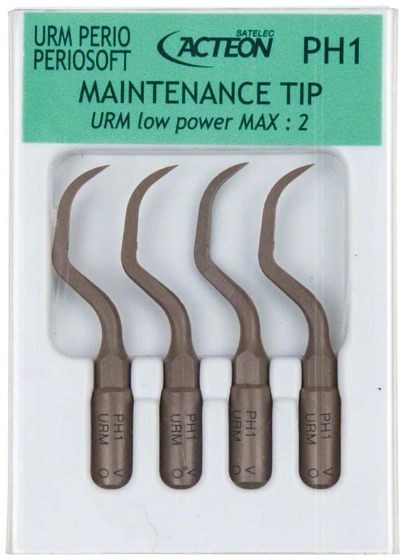 Vier PPS Polymer-Spitzen PH1 für den Frontzahnbereich in Verpackung.