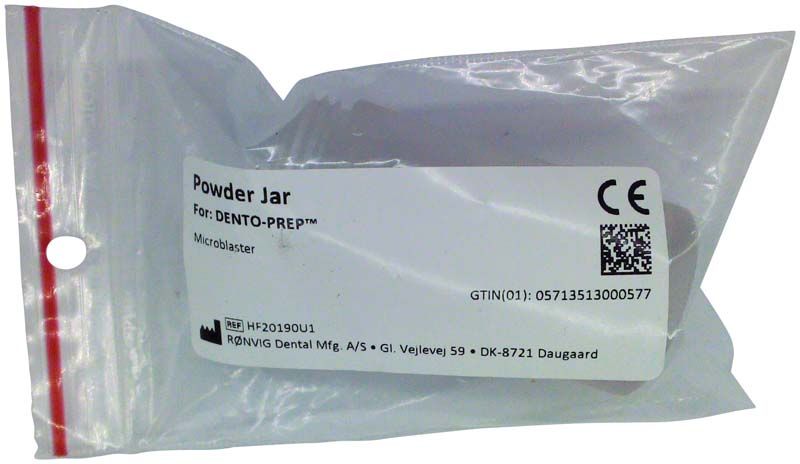 DENTO-PREP™ Pulverbehälter in transparenter Verpackung mit Etikett.