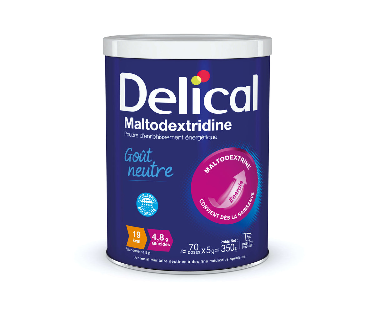 Delical Maltodextridine 350g Kohlenhydratpulver in blauer Dose.
