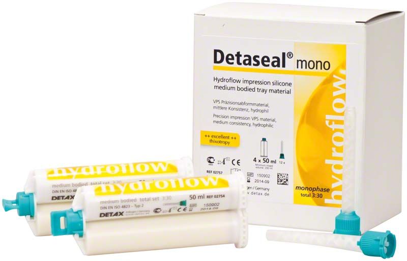 Detaseal hydroflow mono Kartuschen und Verpackung für zahnärztliche Abformungen.