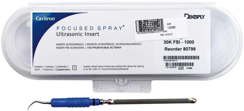 Cavitron® PowerLINE 30K FSI-1000 Ultraschalleinsatz mit blauer Griffhülse in Verpackung.
