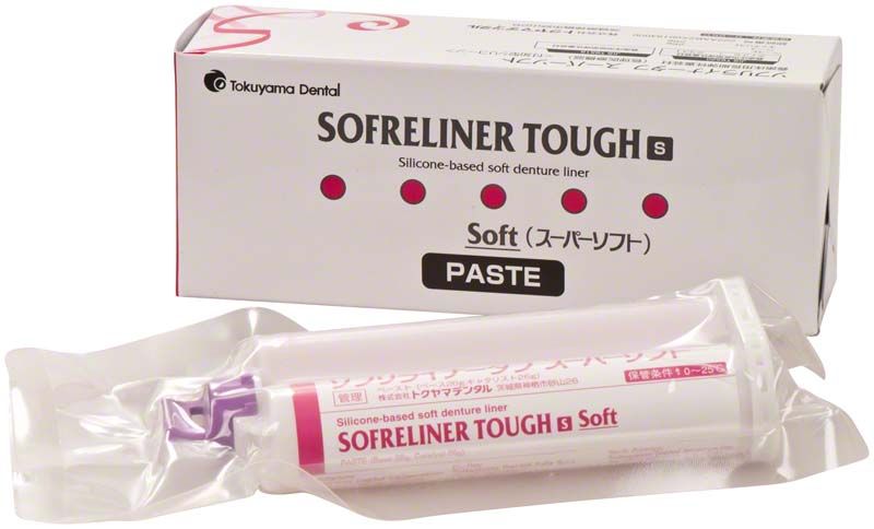 Silikonbasierte Prothesenunterfütterung Sofreliner Tough S in Kartusche mit Verpackung.