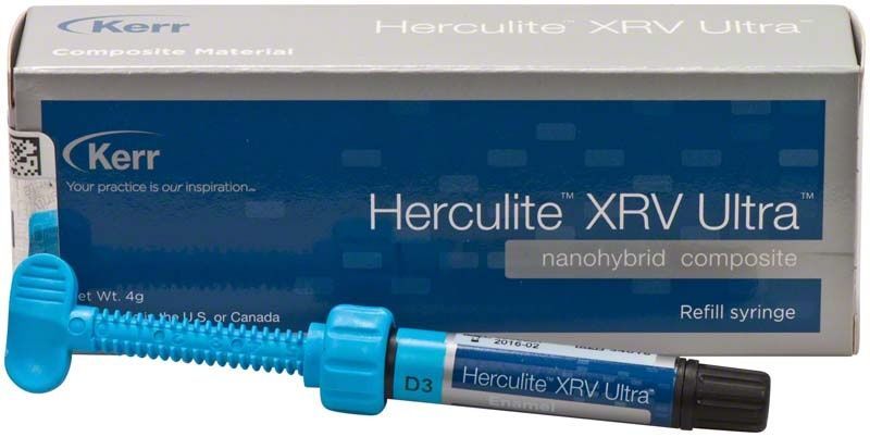 Herculite XRV Ultra Enamel Spritze D3 vor Produktverpackung.