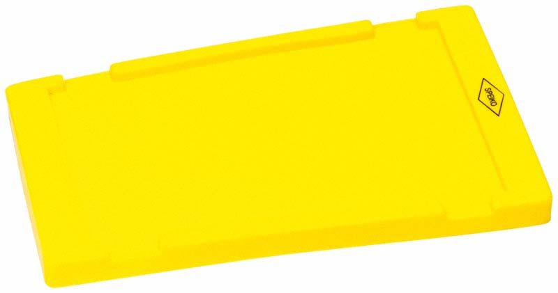 Gelber Labor-Containerdeckel der Größe 2 mit Sicherheitskennzeichnung.