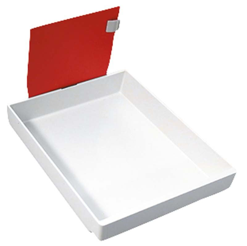 Weiße MASTERspace Steckplatte mit feueropal-rotem Steckelement.