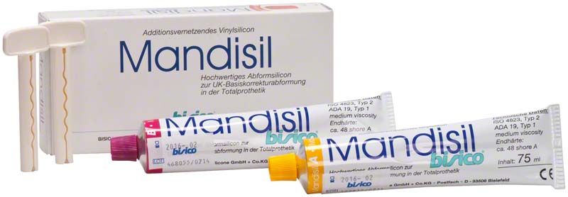 Additionsvernetzendes Mandisil A-Silikon-Abformmaterial mit zwei Tuben und Verpackung.