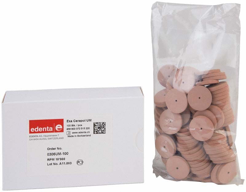 Exa Cerapol rosa Rad UM in Verpackung und Beutel mit rosa Schleifscheiben.