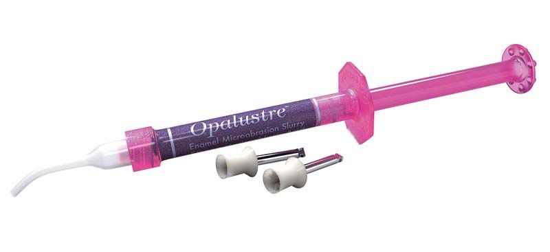 Opalustre® Kit mit pinker Applikationsspritze und zwei Aufsätzen.