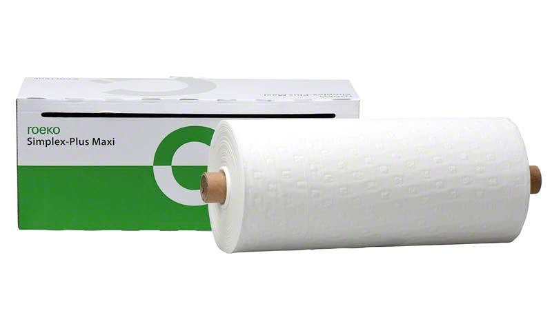 Patientenumhänge ROEKO Simplex-Plus Maxi weiß auf Rolle vor Verpackung.