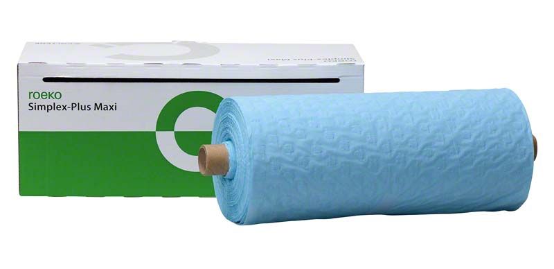 Patientenumhänge ROEKO Simplex-Plus Maxi blau auf Rolle vor Verpackung.
