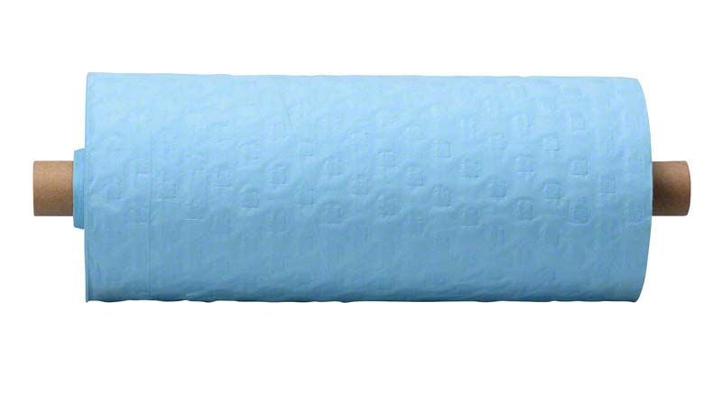 Blauer Patientenumhang auf Rolle mit Abrissperforation.