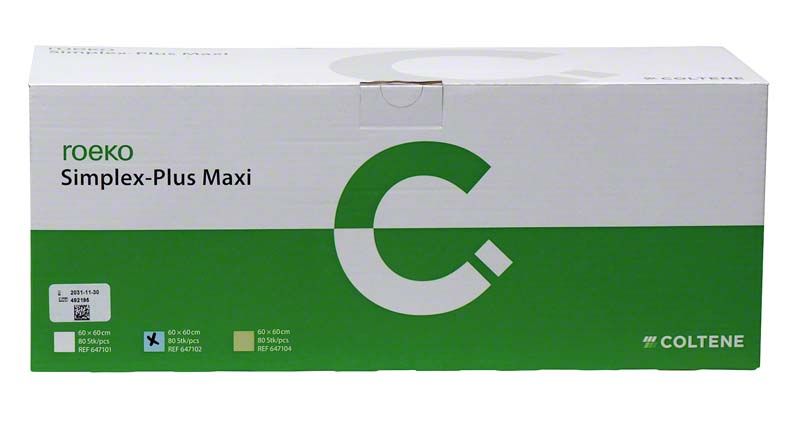 Patientenumhänge ROEKO Simplex-Plus Maxi blau in grüner Verpackung.