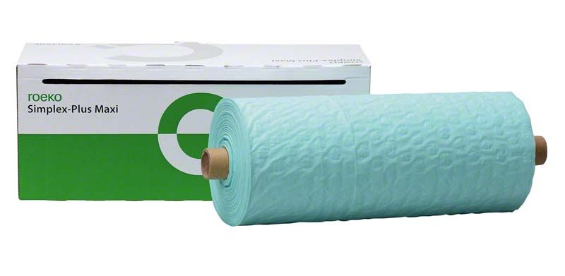 Rolle von ROEKO Simplex-Plus Maxi mint mit Verpackung im Hintergrund.