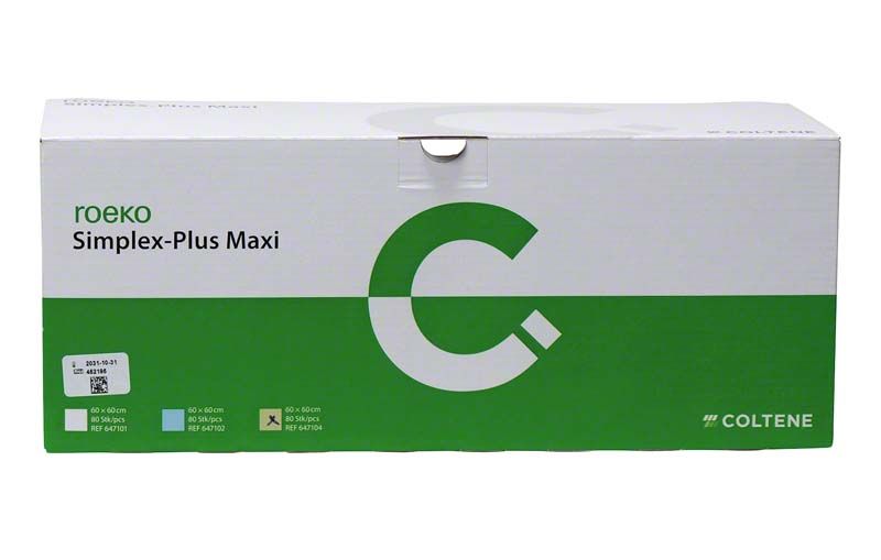 Weiße Verpackung der ROEKO Simplex-Plus Maxi mint Patientenumhänge mit grünem Design.